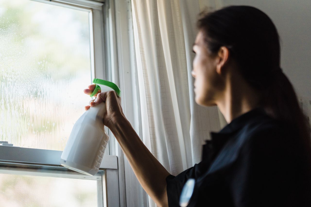 digital A woman using a spray bottle to clean a glass window inside a room, captured in a close-up shot.